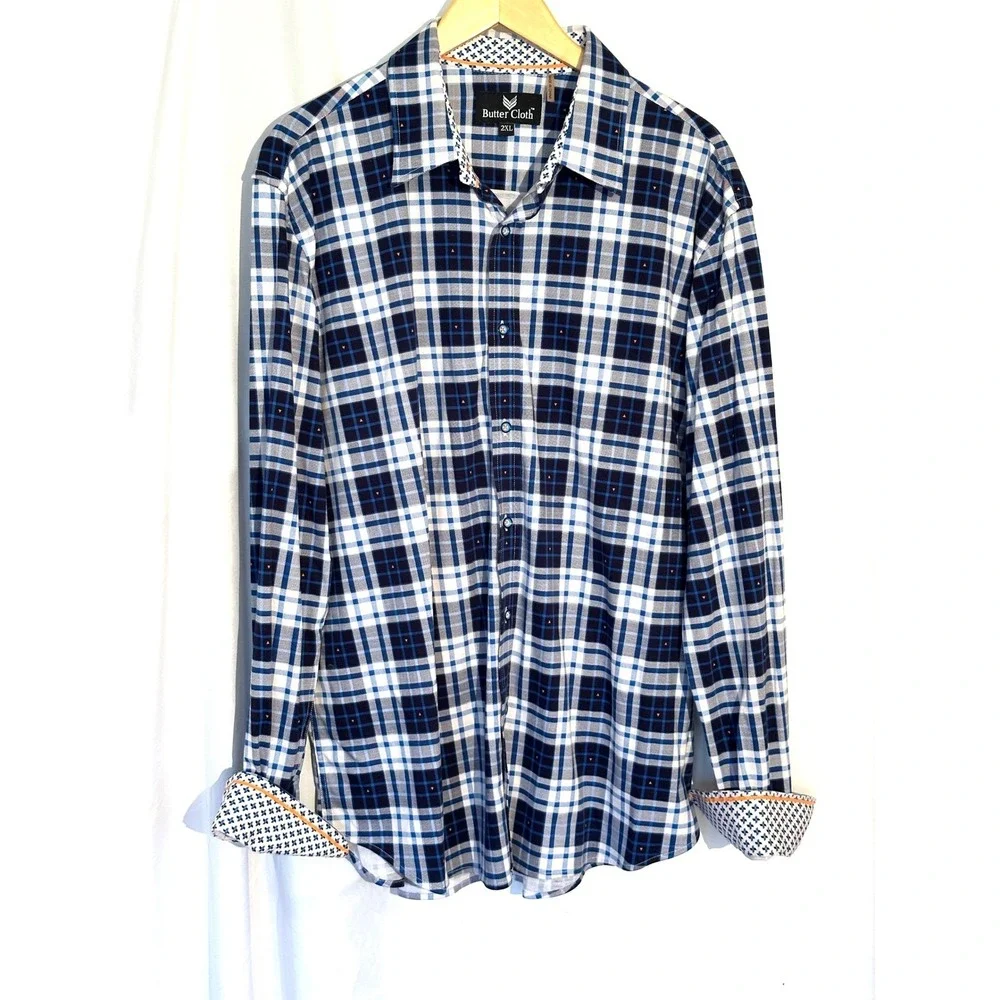 Butter Cloth Mens 2XL Blue White Plaid Long Sleeve Button Down Cotton‎ Shirt